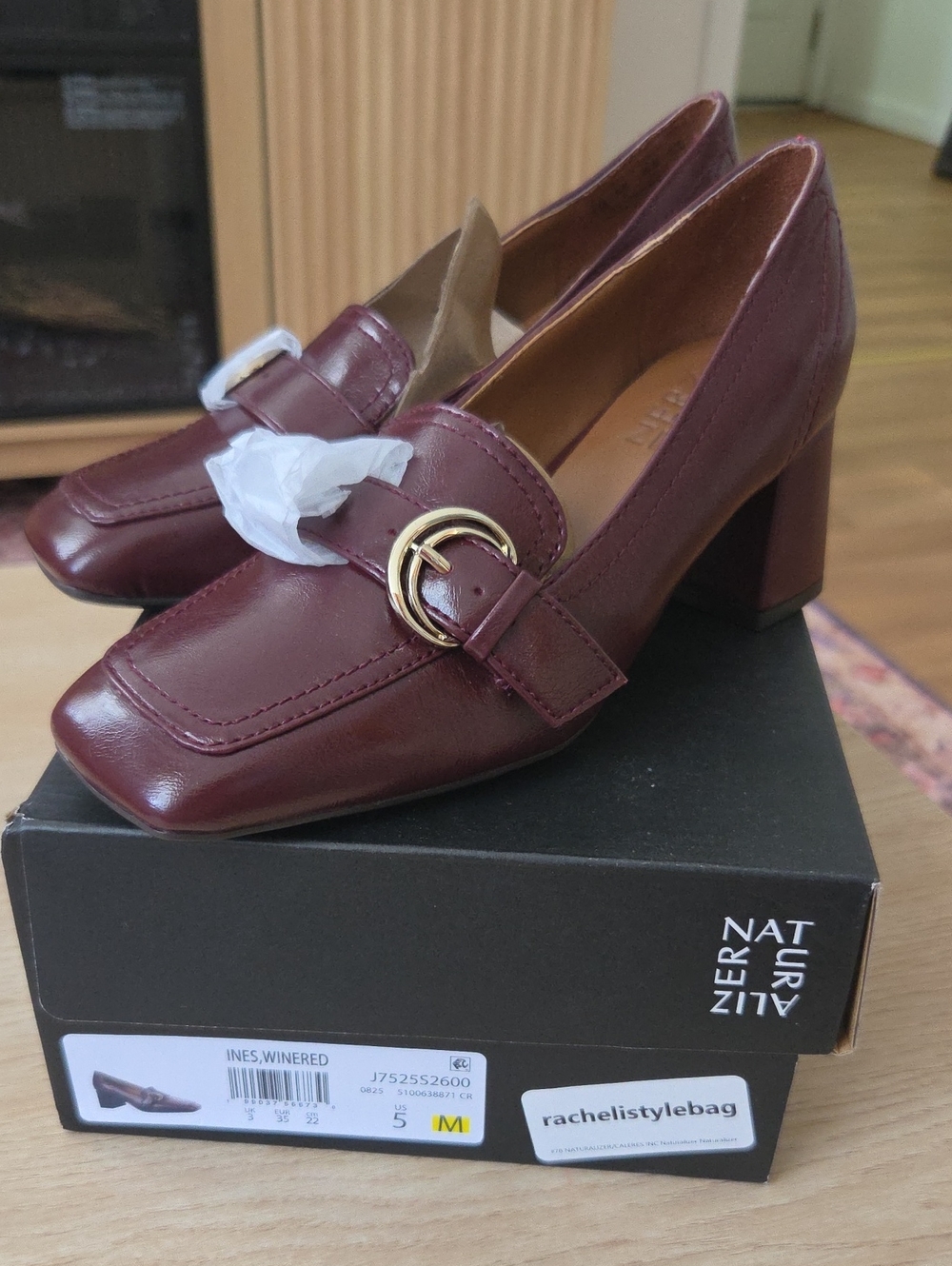 Naturalizer Burgundy Leather Block Heel Loafers with Gold Buckle